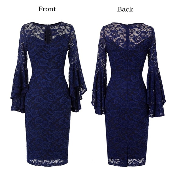 Navy Blue Lace Dress Women’s Large Bodycon Midi Cocktail Dress Bell Flare Sleeve - Picture 7 of 7